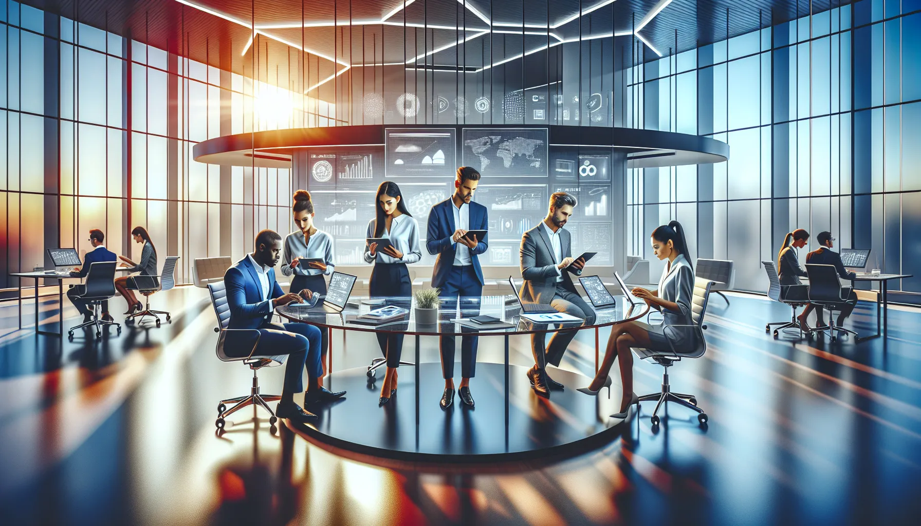 diverse professionals collaborating in a modern office setting.