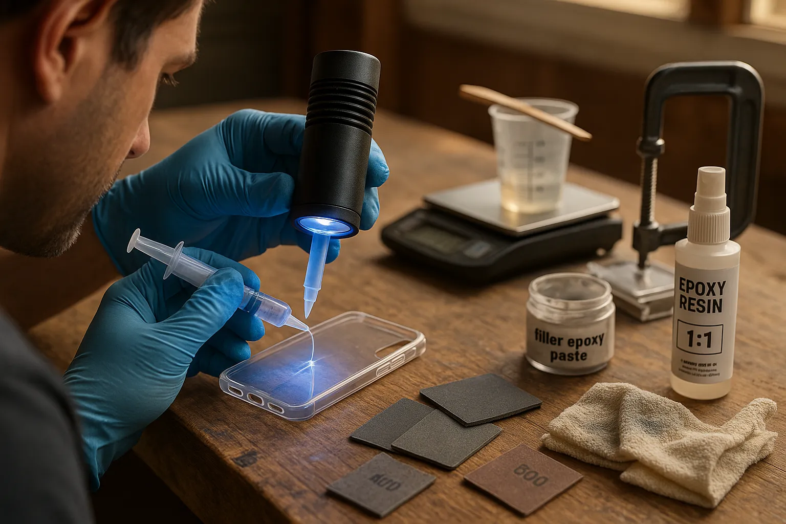 Hands applying UV resin to a cracked phone case under a curing lamp.