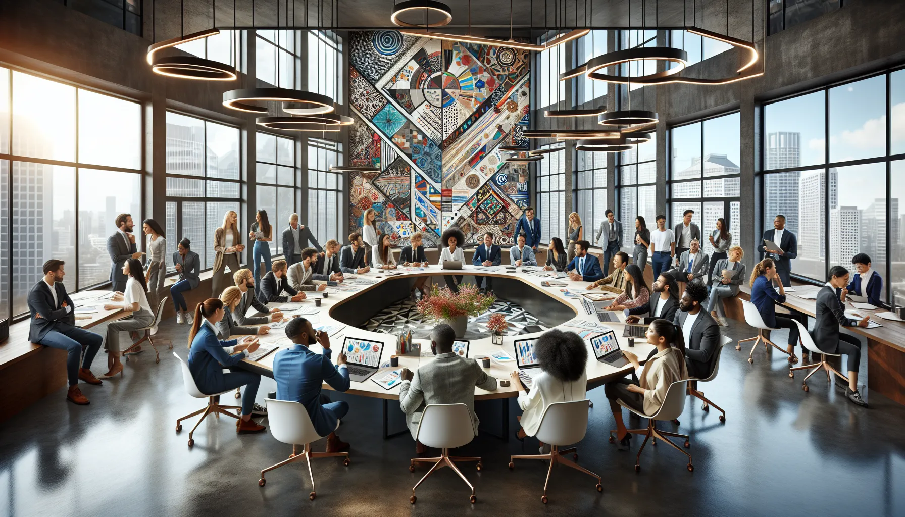 diverse team brainstorming future trends in a modern office.