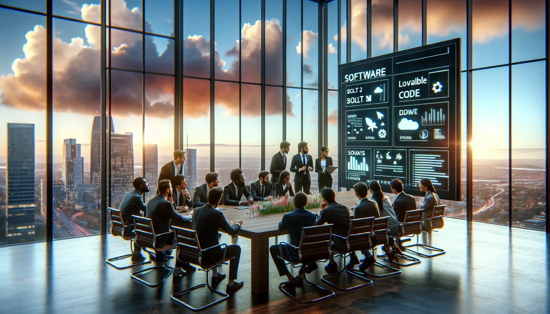 A modern office meeting discussing software solutions with a digital comparison display.