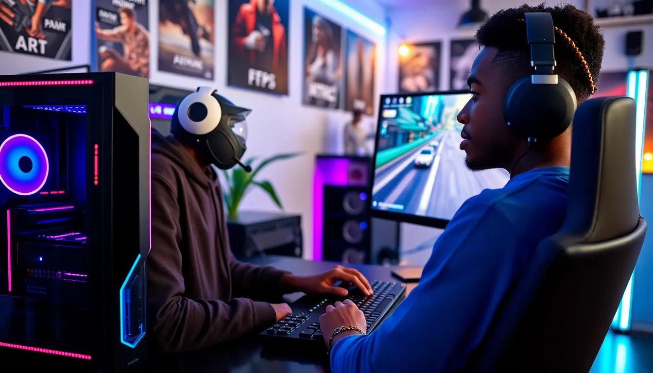 gamer at a modern PC setup focusing on high FPS.