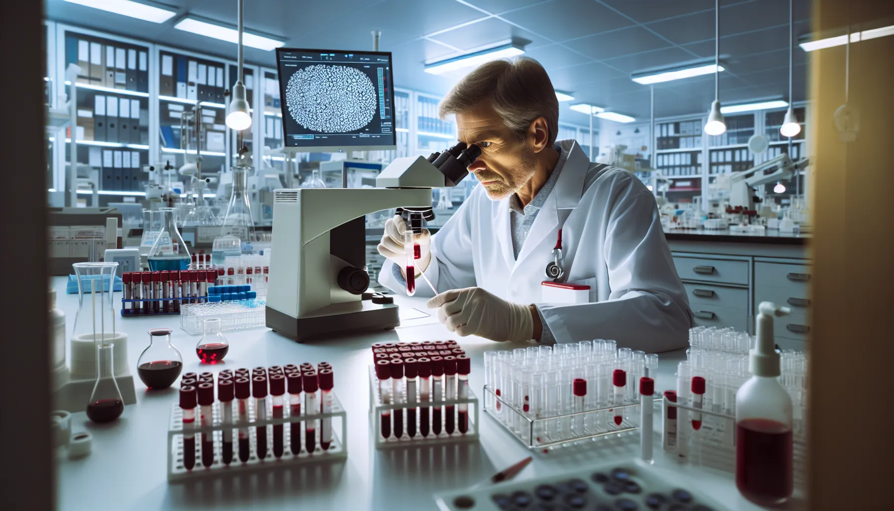 A lab technician performing blood typing tests in a modern laboratory.
