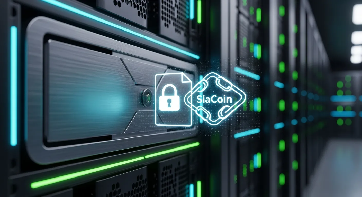 A server hard drive with a glowing Siacoin logo representing a digital contract.