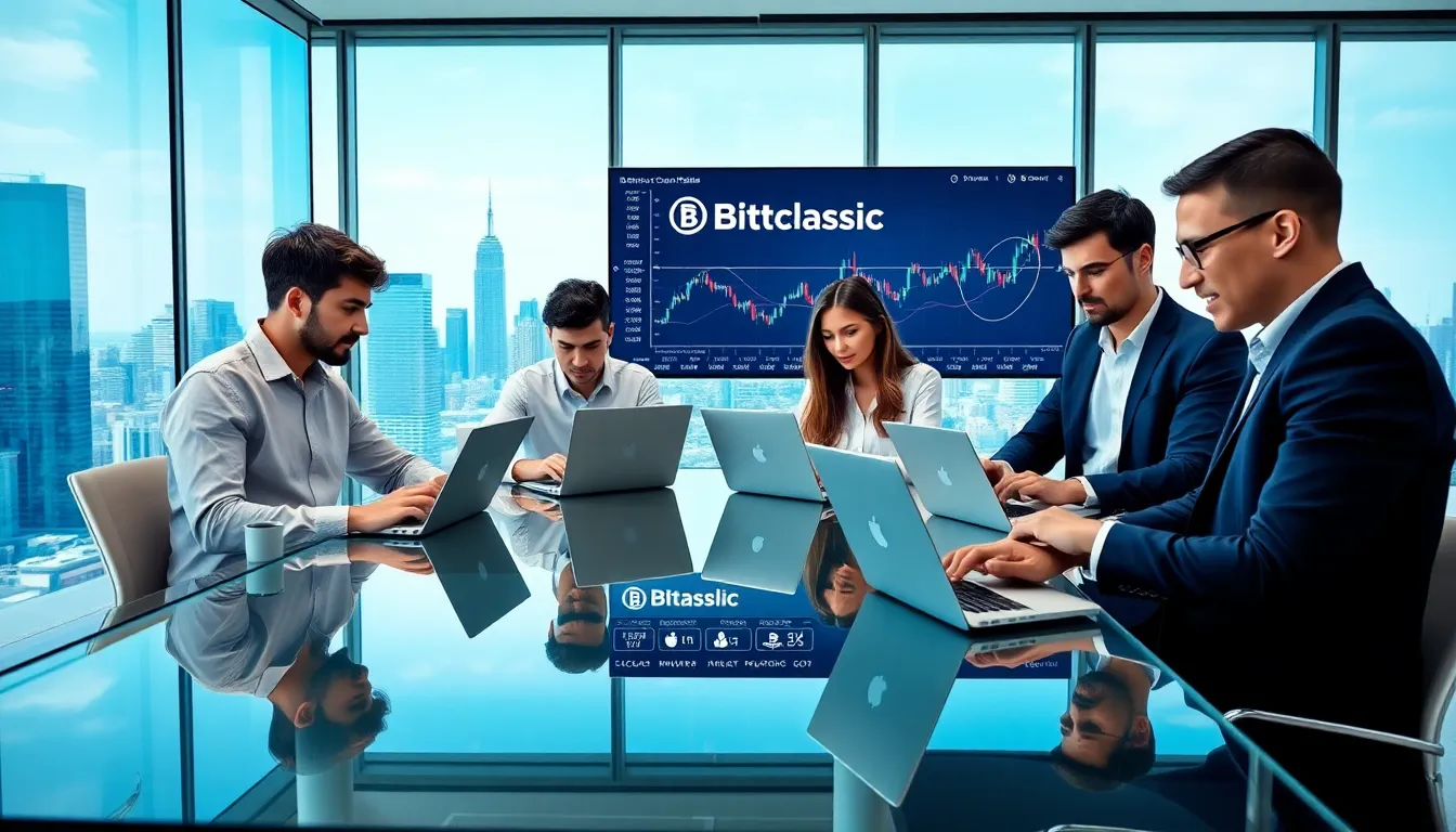 diverse team collaborating on cryptocurrency trading in a modern office.