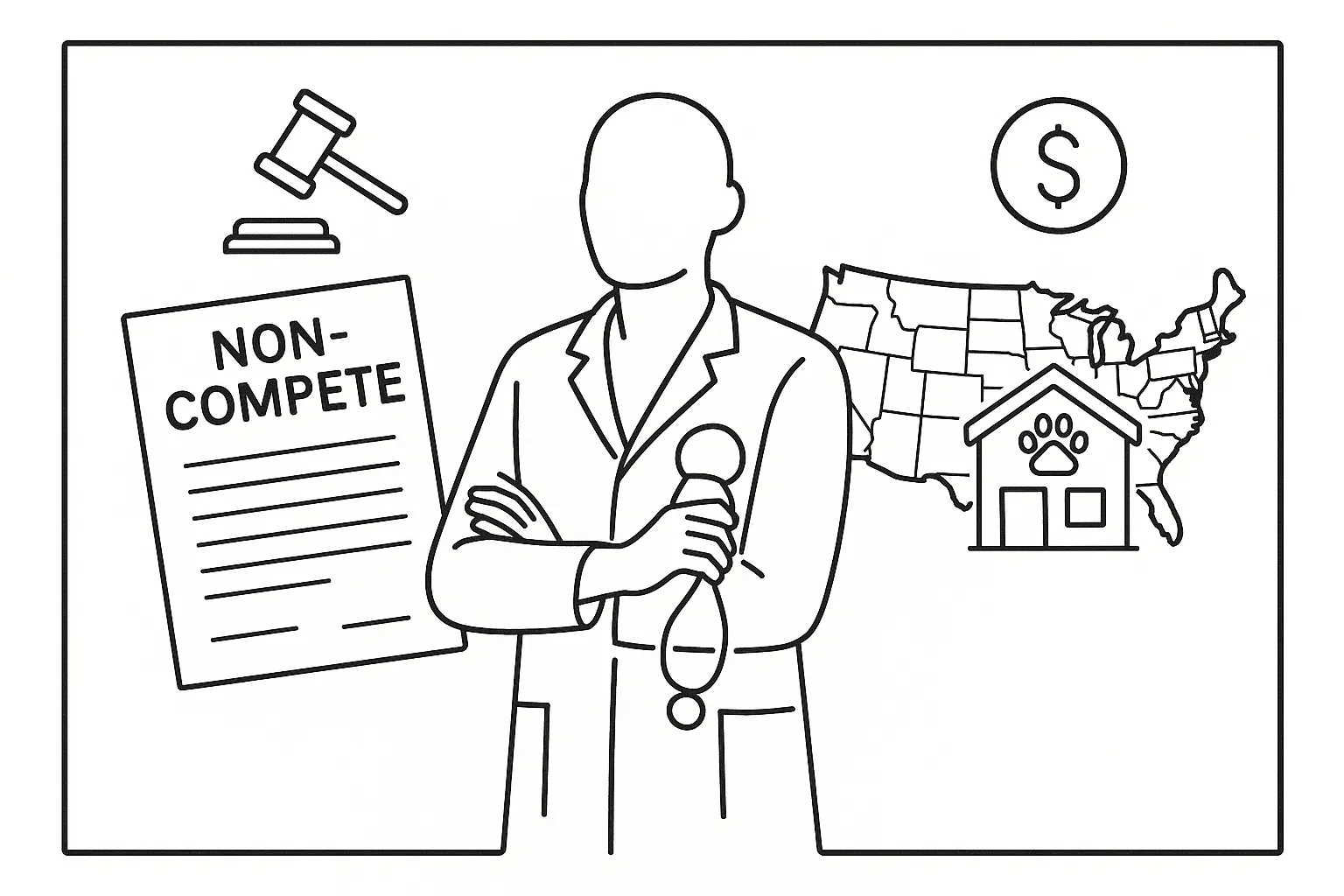 Veterinarian between a non-compete contract and US map with clinic icon.