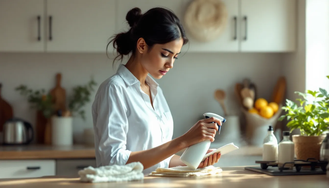 Woman reading the ingredient label on a cleaning spray bottle in her kitchen.