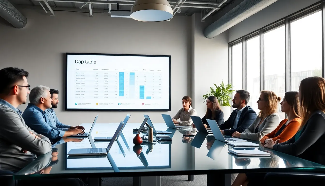 diverse team discussing a cap table in a modern office.