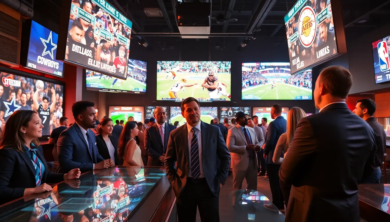 diverse sports analysts discussing major league updates in a modern sports lounge.