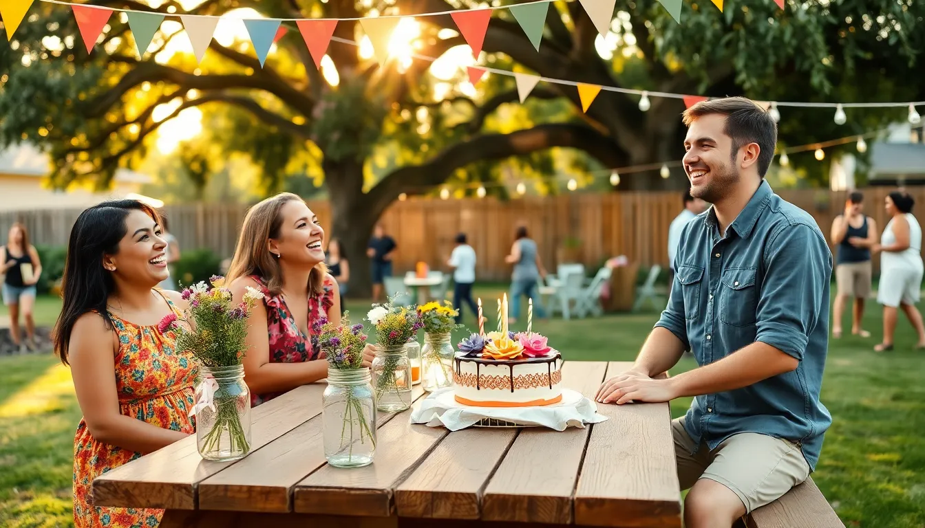A diverse group celebrating a budget-friendly birthday party in a backyard.