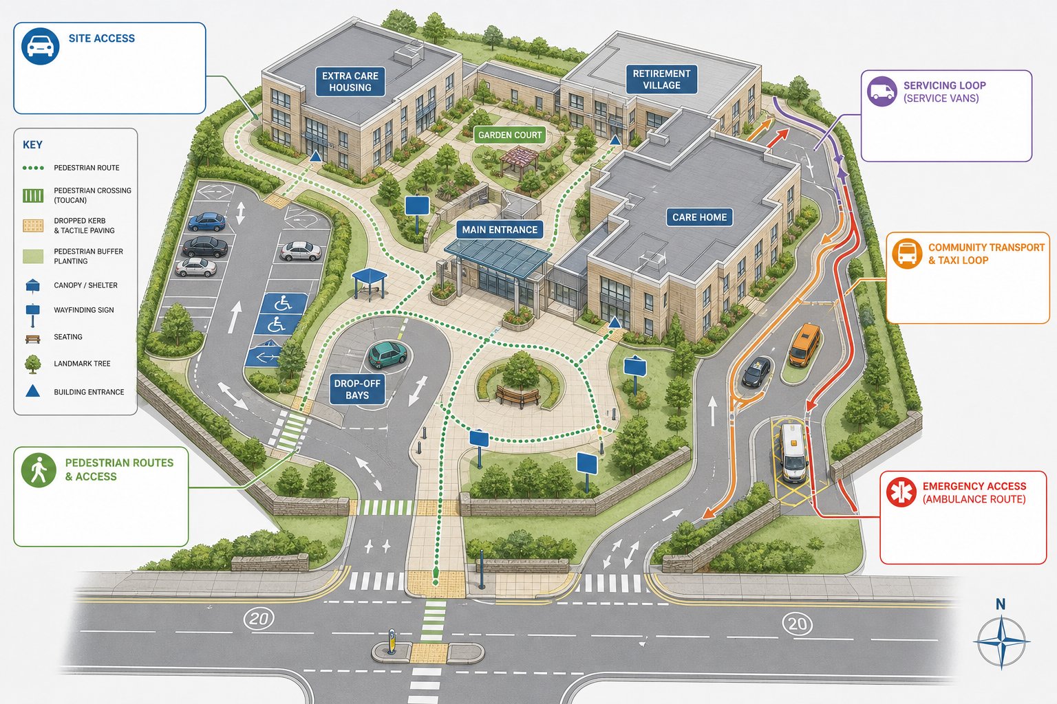 Infographic of a care site with safe paths, drop-off zones, and vehicle routes.
