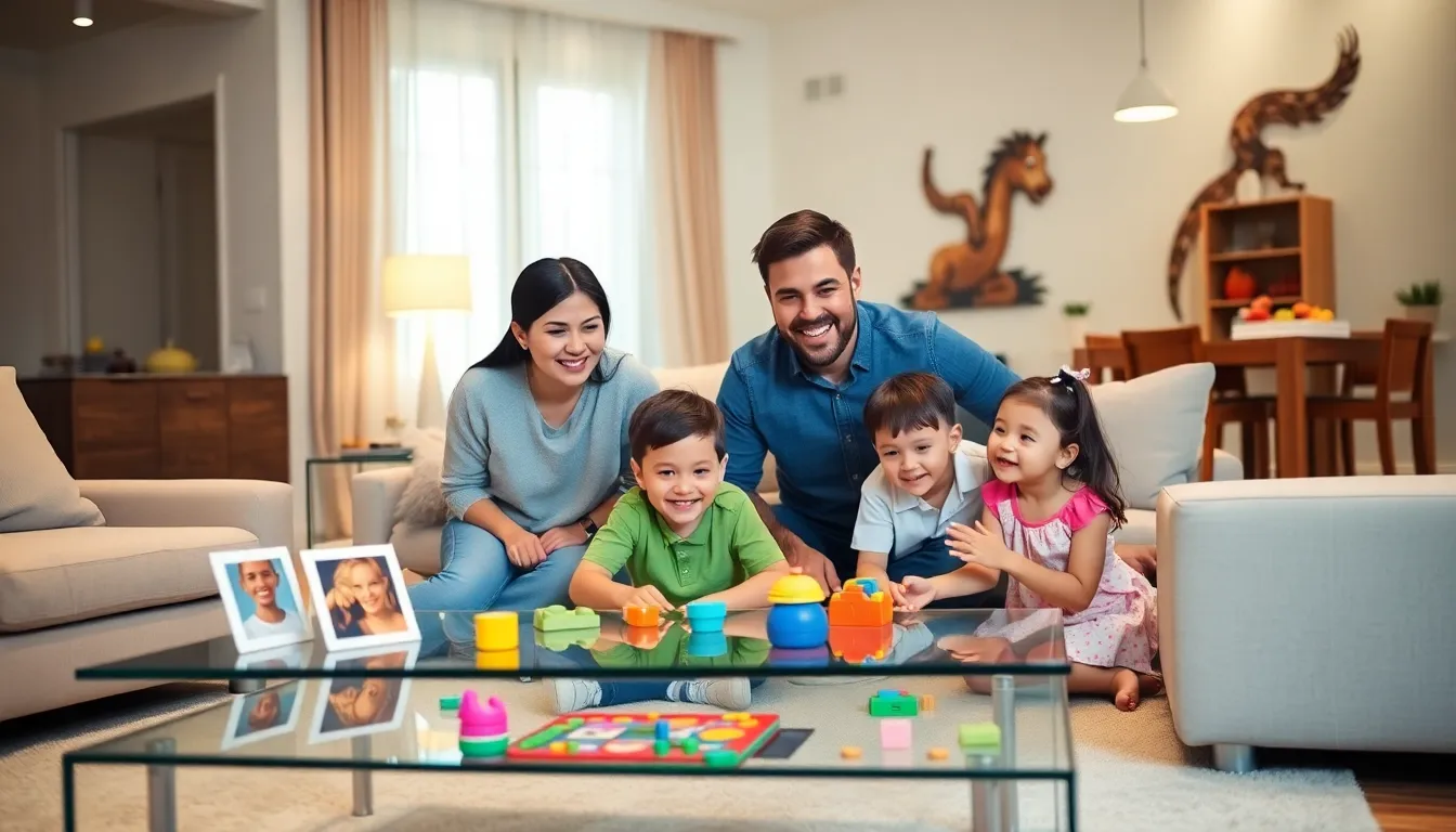 a diverse nuclear family enjoying time together in a modern living room.