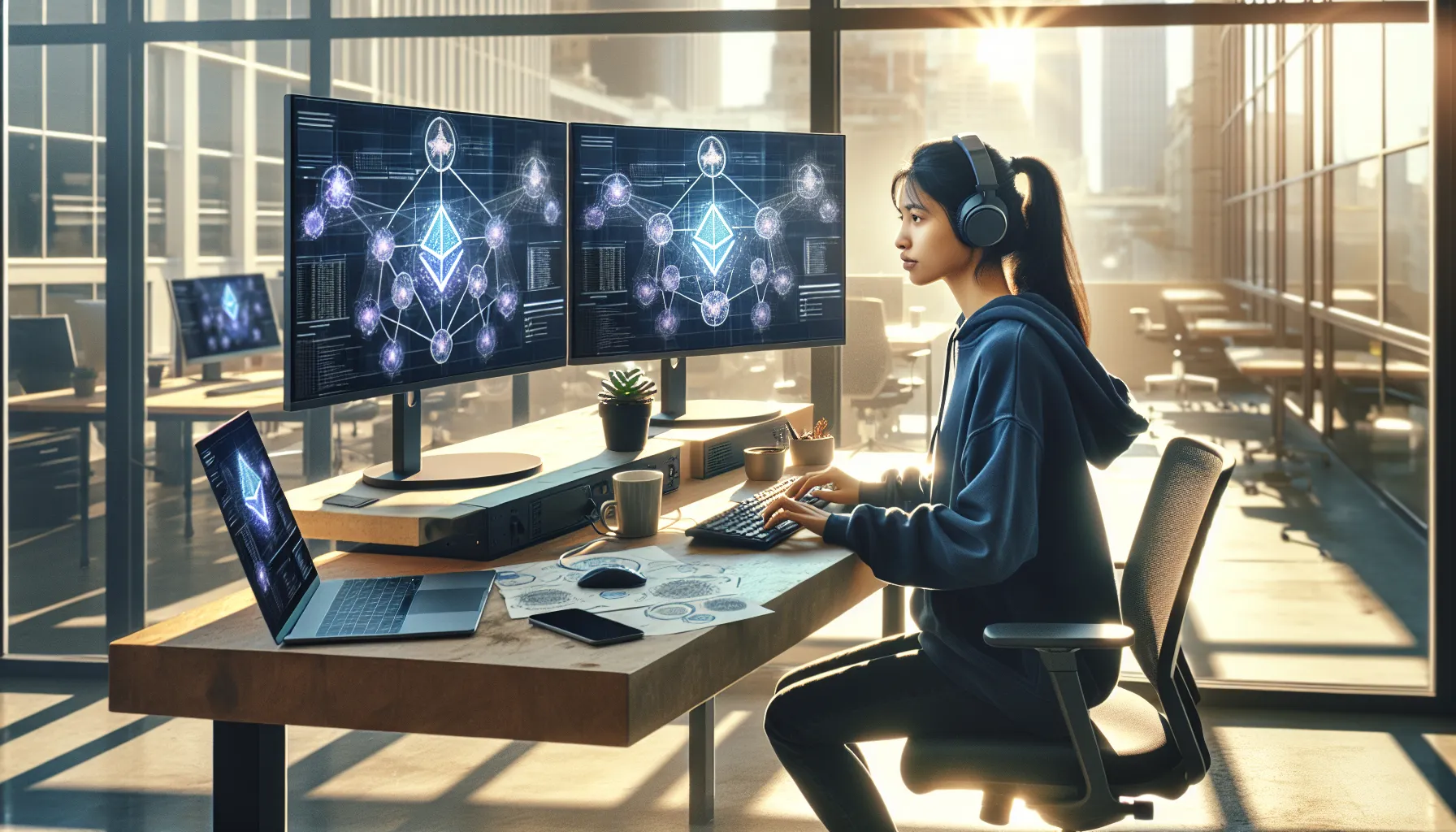 Developer working on blockchain architecture with dual monitors showing Ethereum network diagrams.