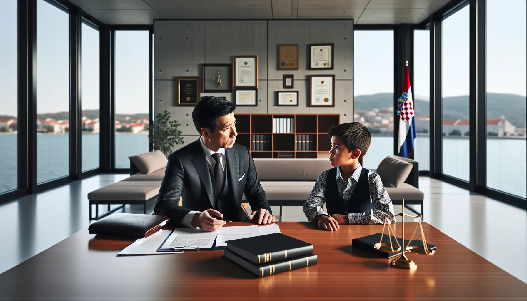 Family lawyer consulting with parent about child visitation rights in professional office