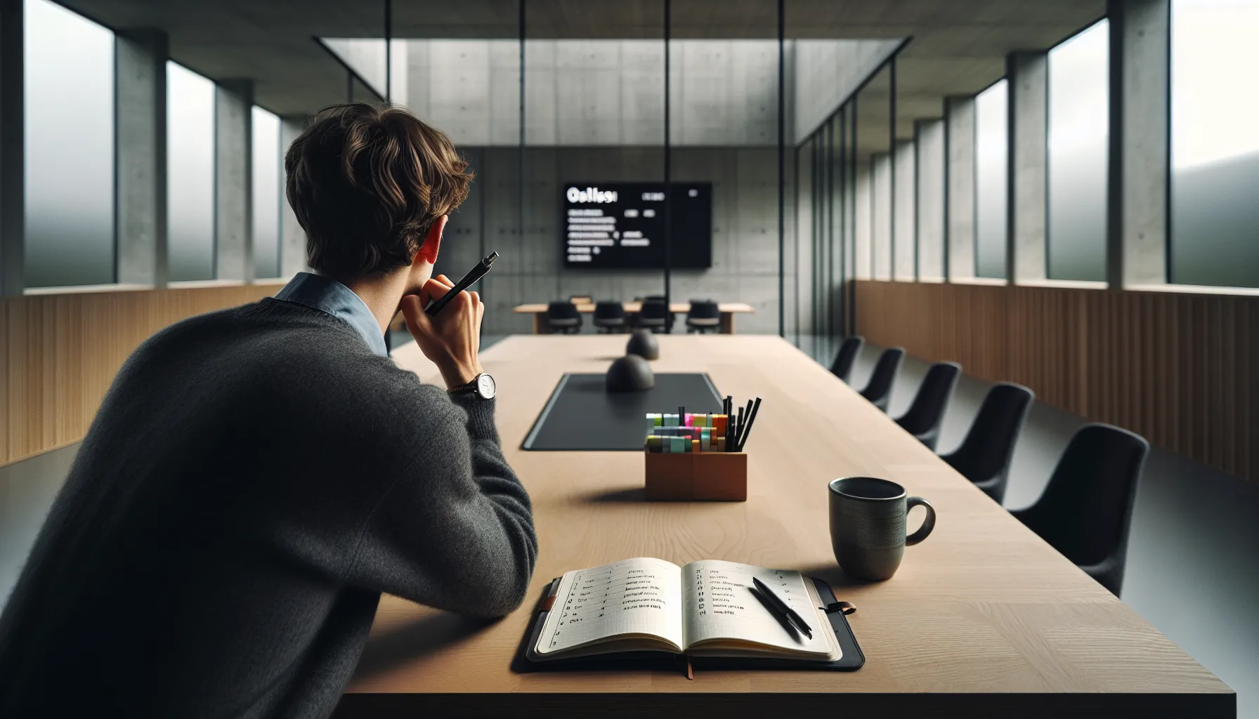 Office worker drafts goals and schedules a private meeting for conflict resolution.