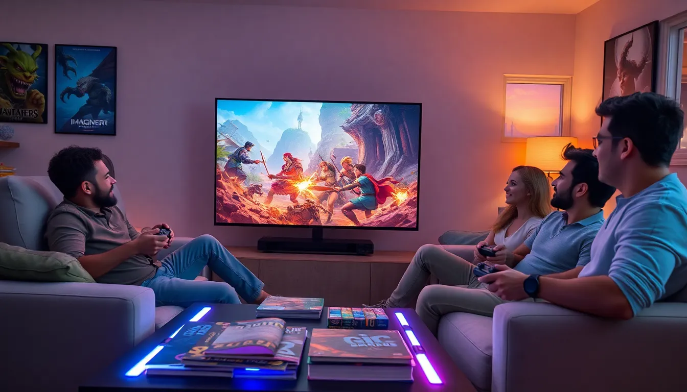 a diverse group of gamers playing on a PlayStation in a modern living room.