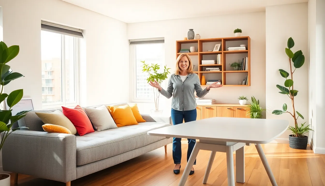 a woman showcasing space-saving furniture in a modern apartment.