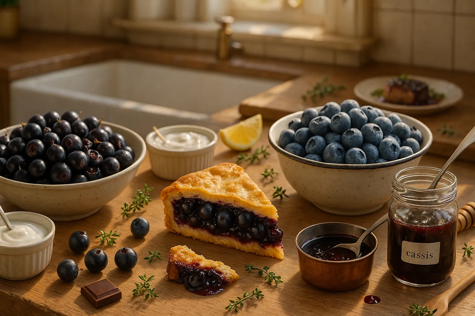 Bowls of blackcurrants and blueberries with pie, jam, yogurt, and cassis.