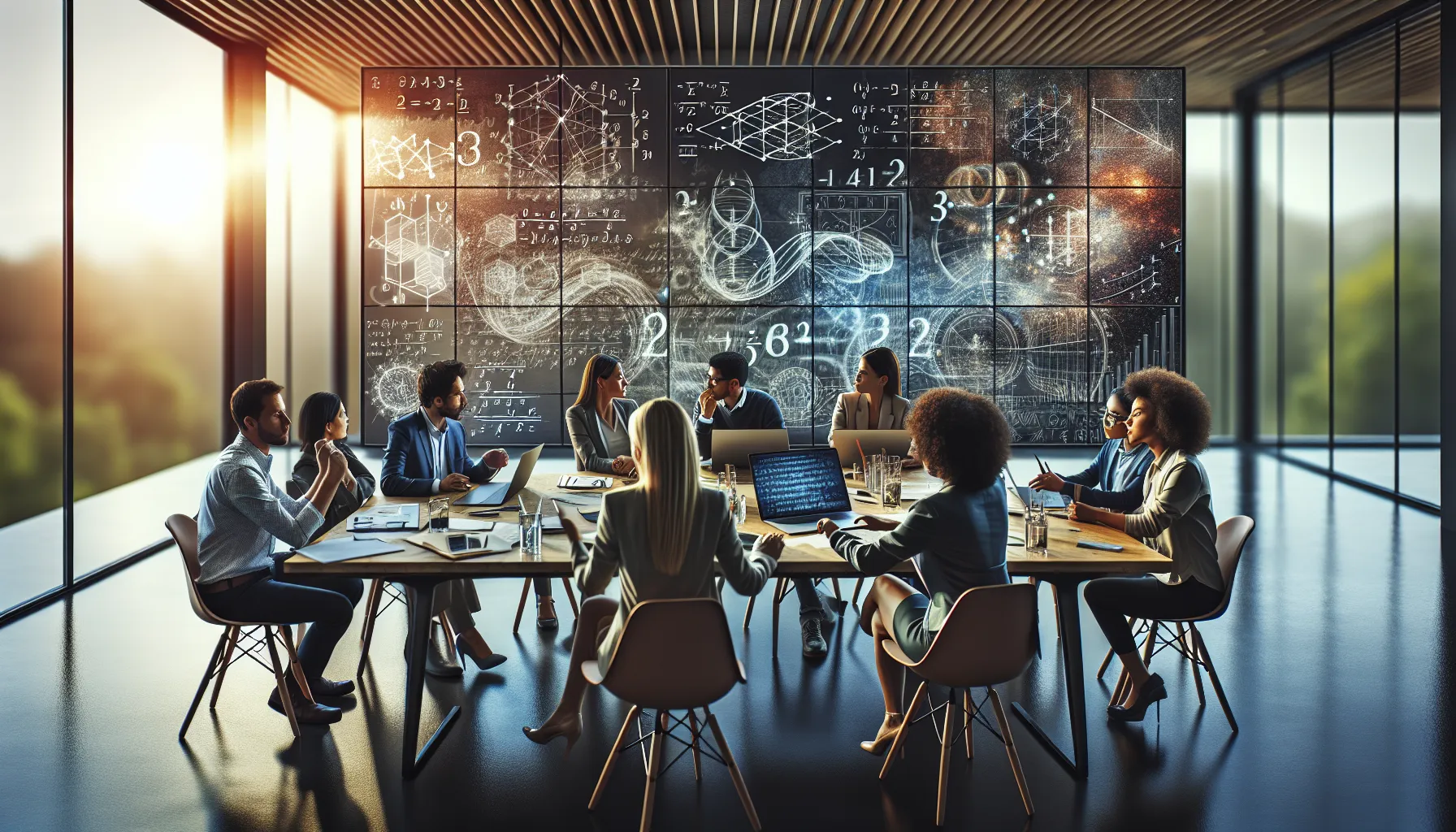 diverse team engaged in a collaborative discussion about multiplication.