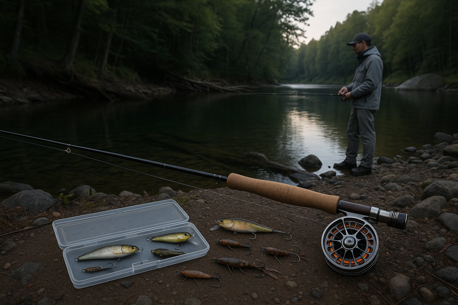 Angler with brown trout fishing gear beside a clear river at dawn.