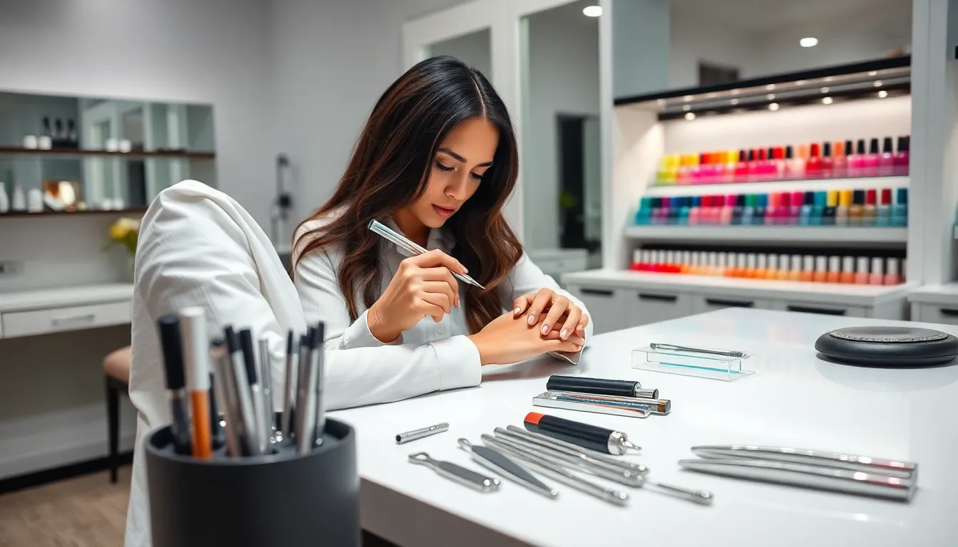 nail technician using tools in a modern salon setting.