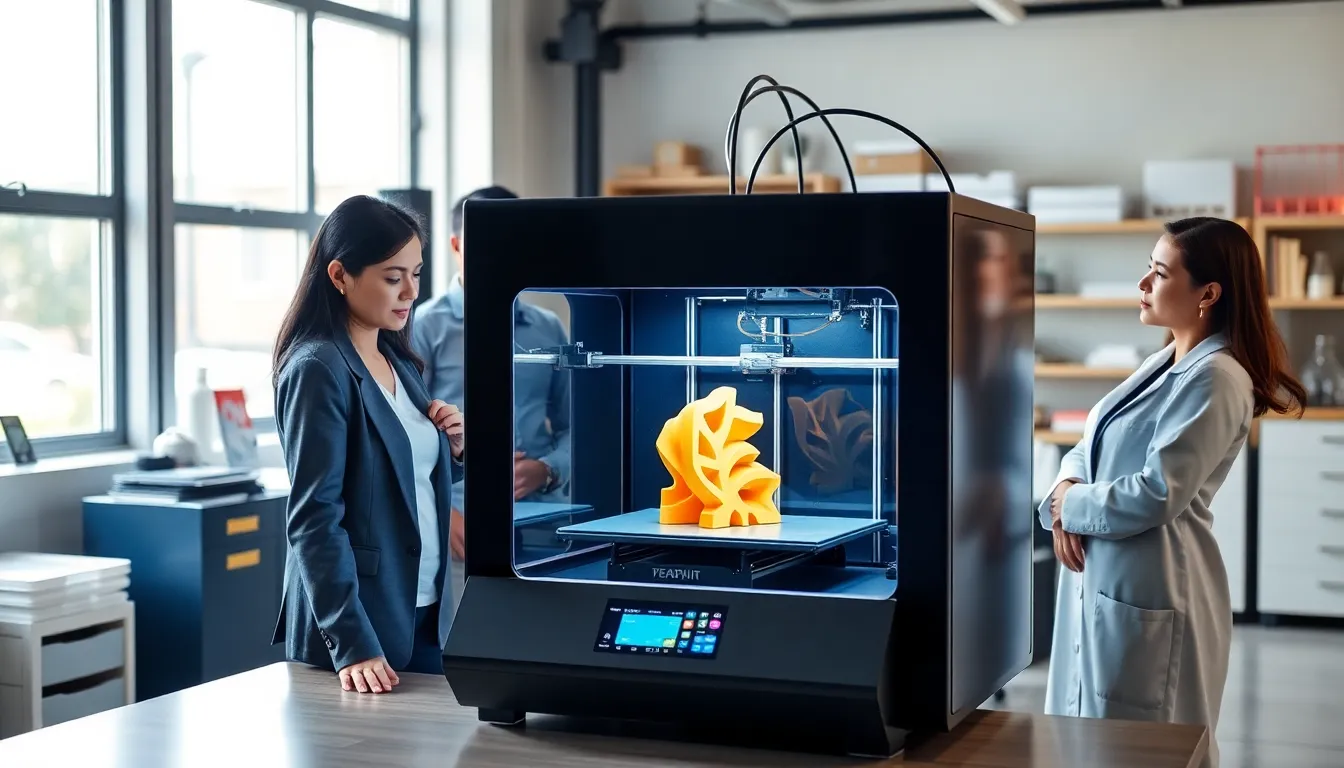 diverse professionals observing a 3D printer in a modern workshop.