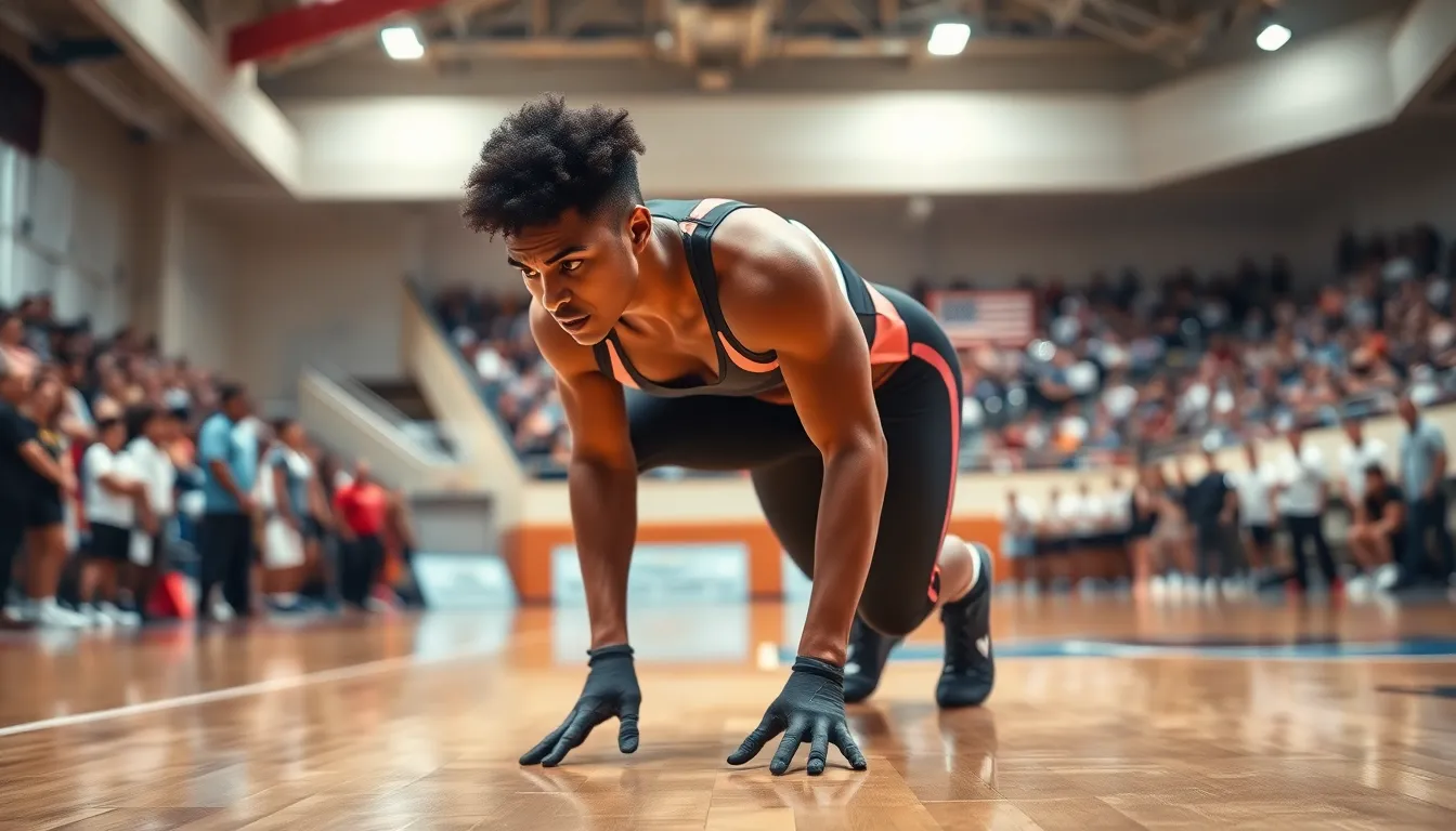 Athlete preparing to execute a fumbleboard start in a sports arena.