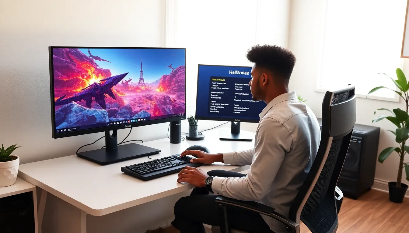 modern gaming setup with dual monitors displaying Hell2mize.