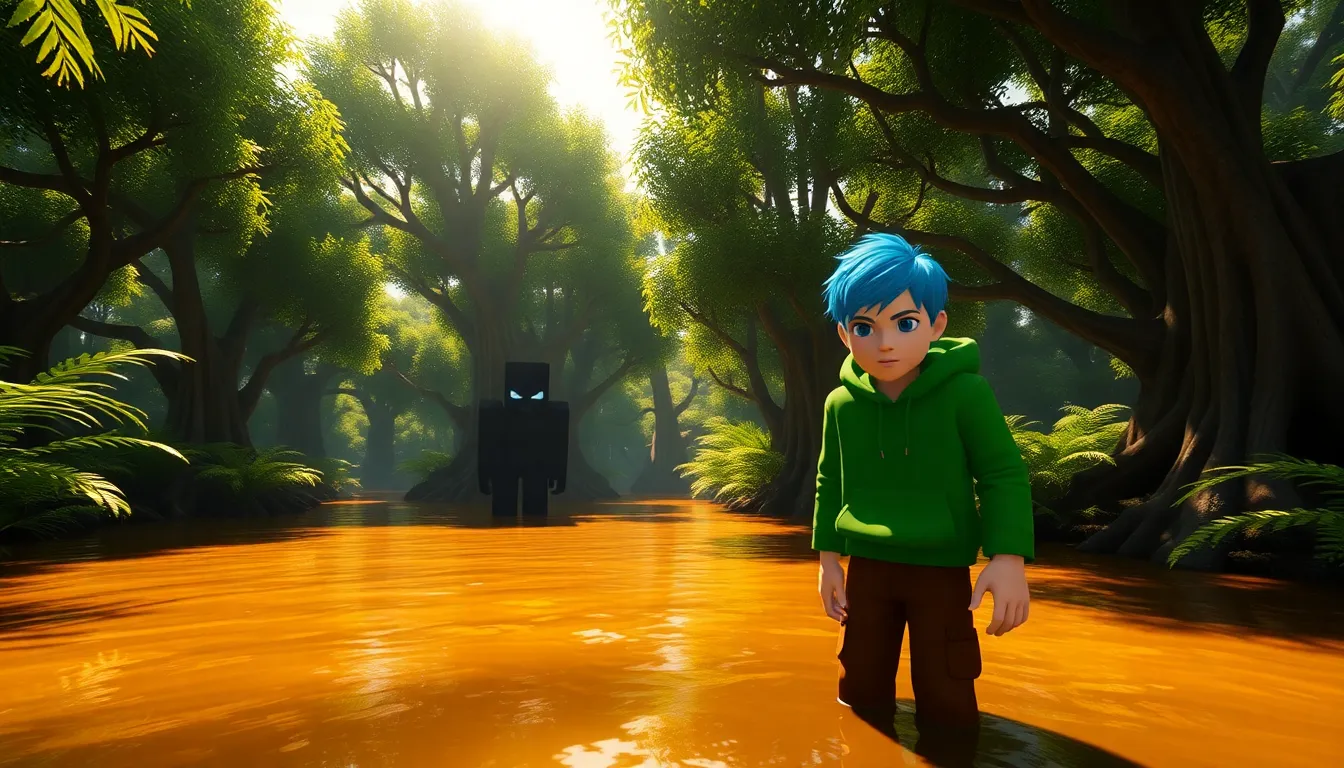 a player exploring a vibrant Minecraft mangrove swamp with the Warden lurking nearby.