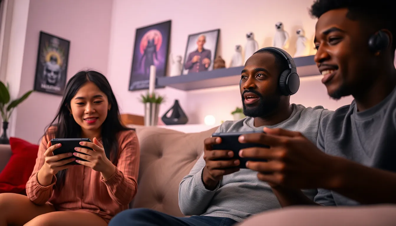 gamers enjoying horror games on Nintendo Switch in a cozy dark room