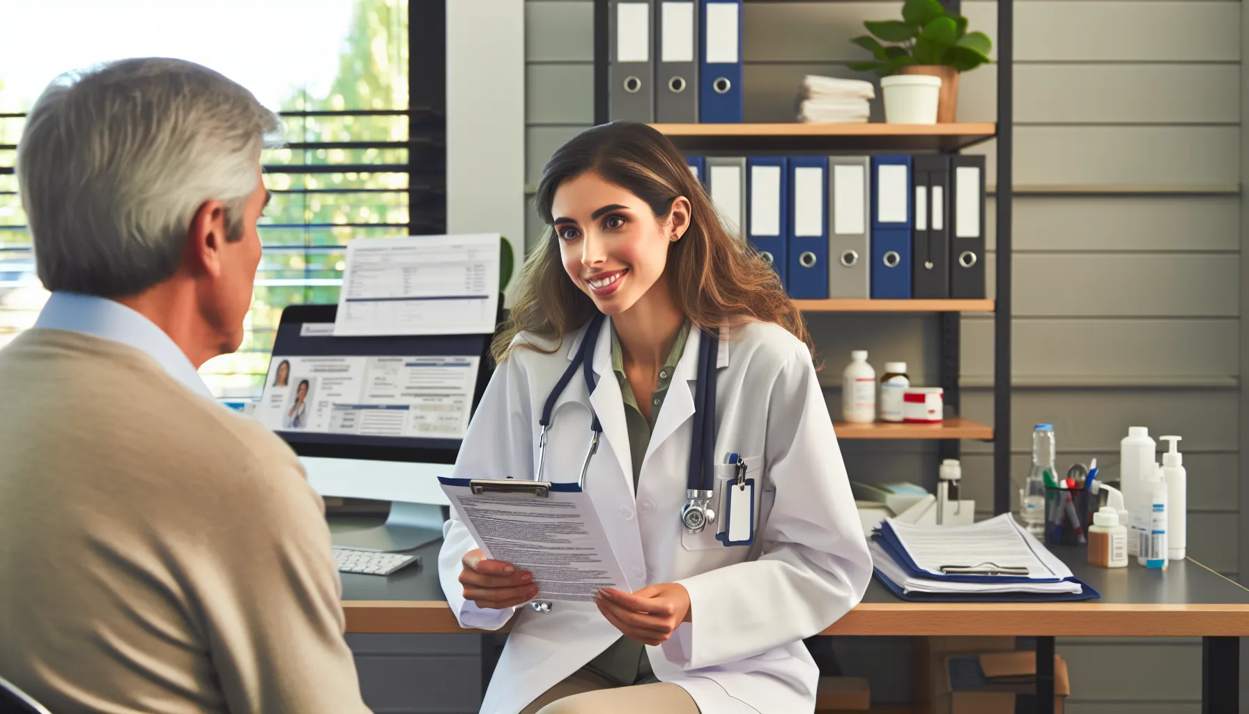 A doctor consults with a patient in a professional clinic setting.