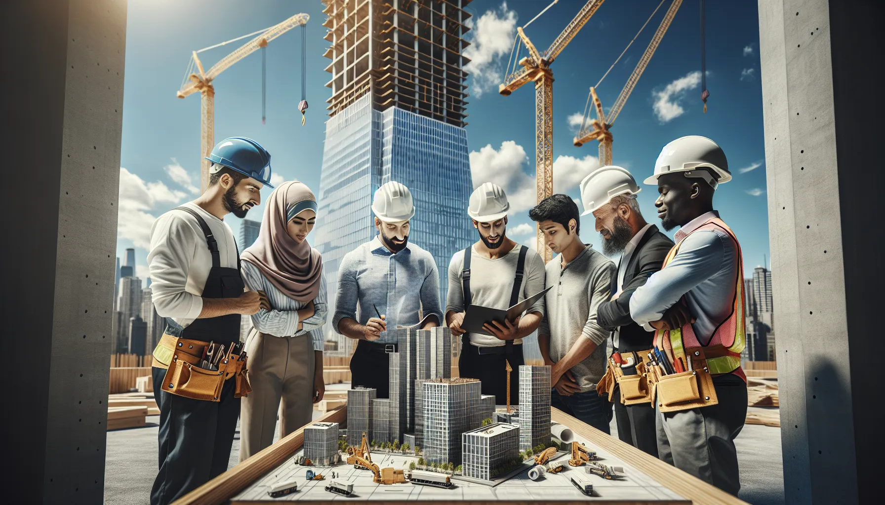 diverse construction team discussing innovative equipment on a modern site.