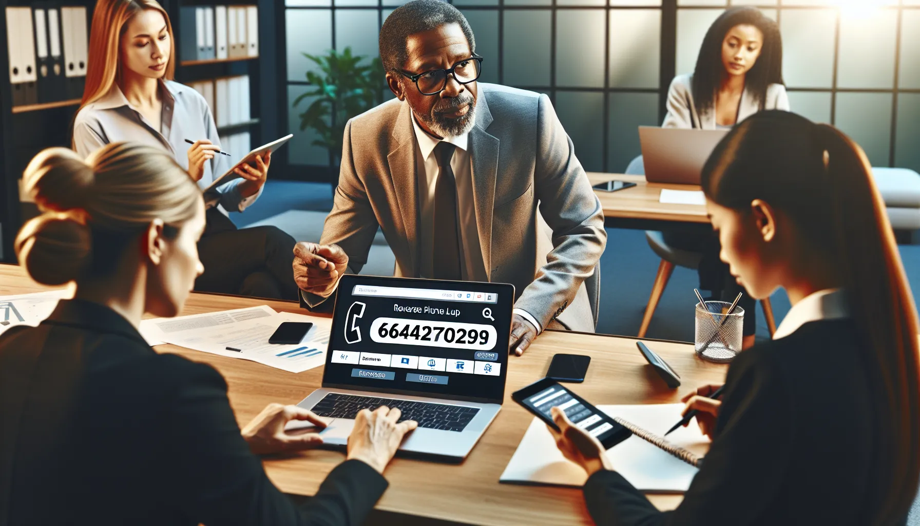 professionals discussing phone tracing tools in a modern office.