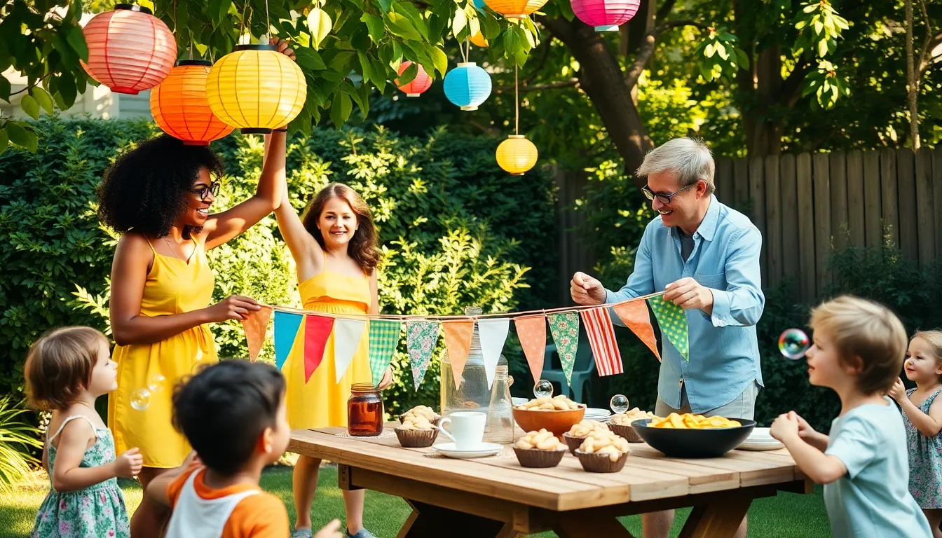 A joyful backyard gathering with homemade decorations and a diverse group of people.