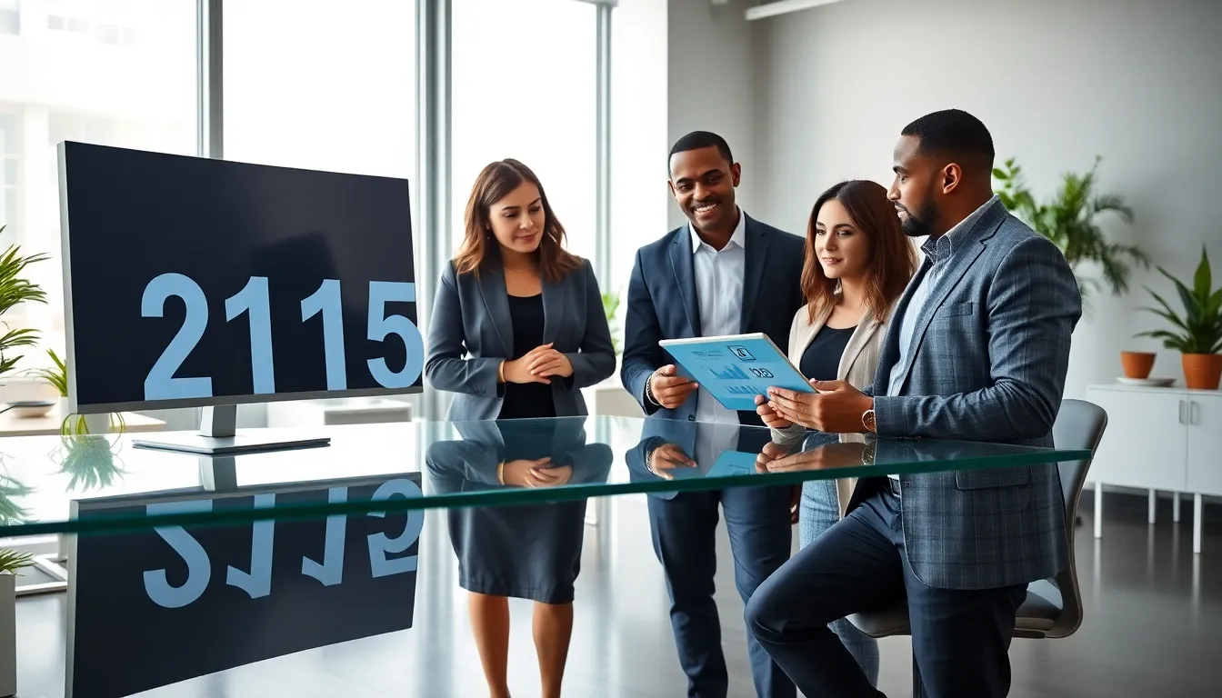 team discussing the significance of the number 2159292828 in a modern office.
