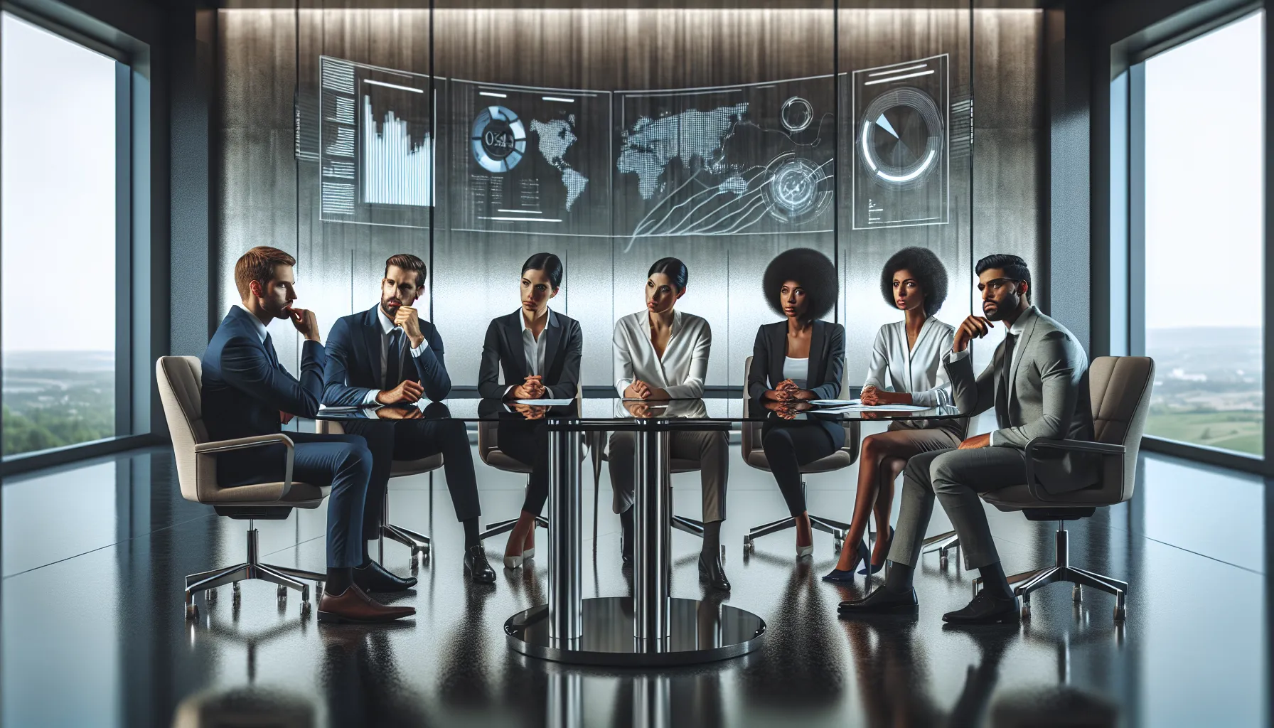 business team discussing ethical implications of data in a modern conference room.