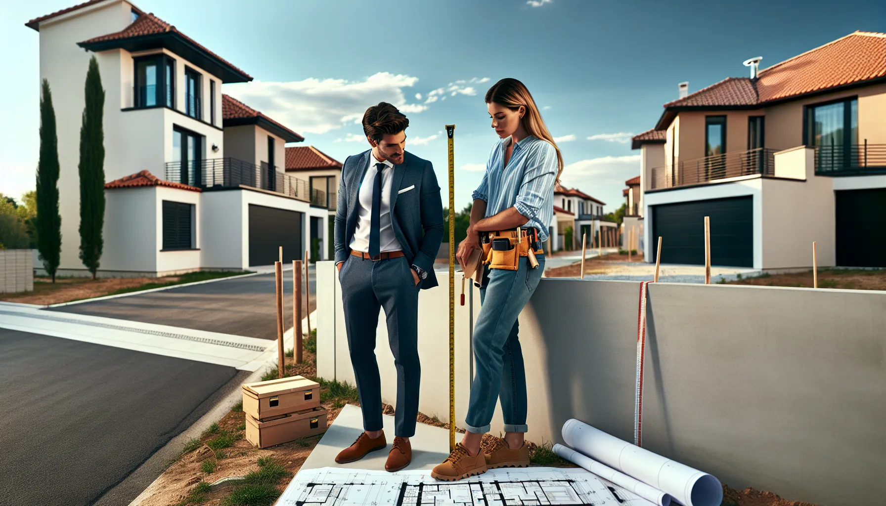 Two Croatian neighbors discussing building plans at property boundary line