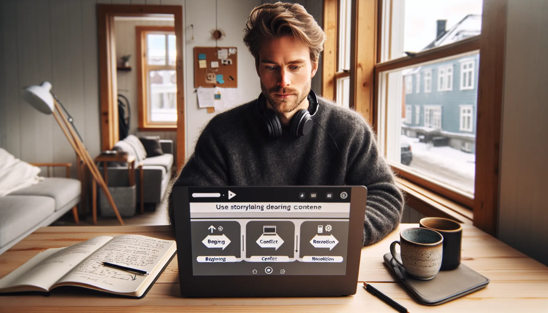 Hvordan bruke storytelling i nettkurs 2 Learner viewing a case-based storytelling module on a laptop in norway.
