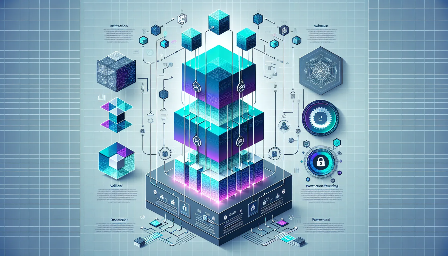 Vertical infographic showing blockchain structure with linked blocks and decentralized network validation process.