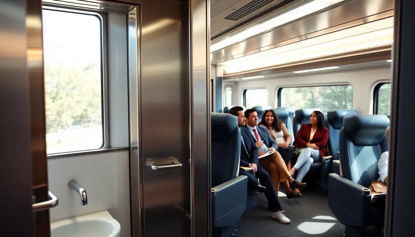 interior of an Amtrak train showing a modern restroom and diverse passengers.