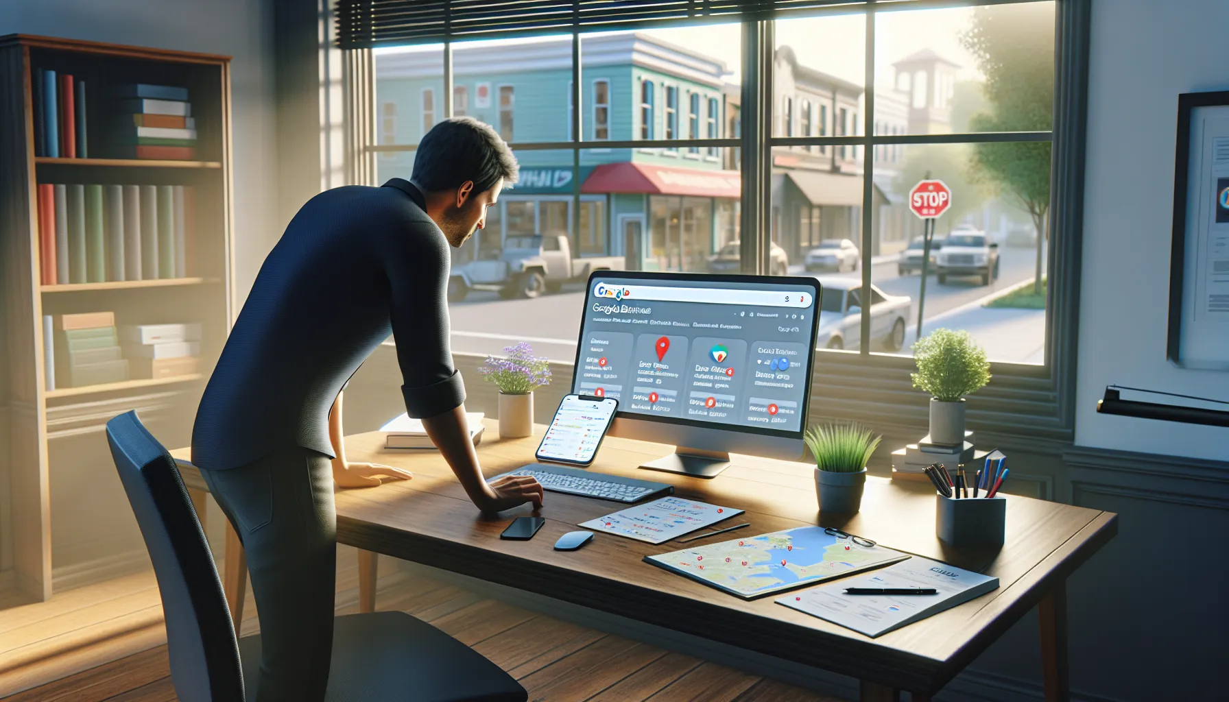 Local business owner in Noiseau analyzing Google search results and competitors on a laptop.