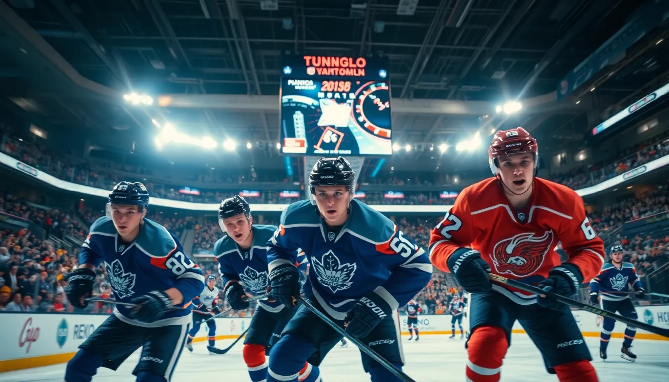 Young hockey players in action at a vibrant NHL game.