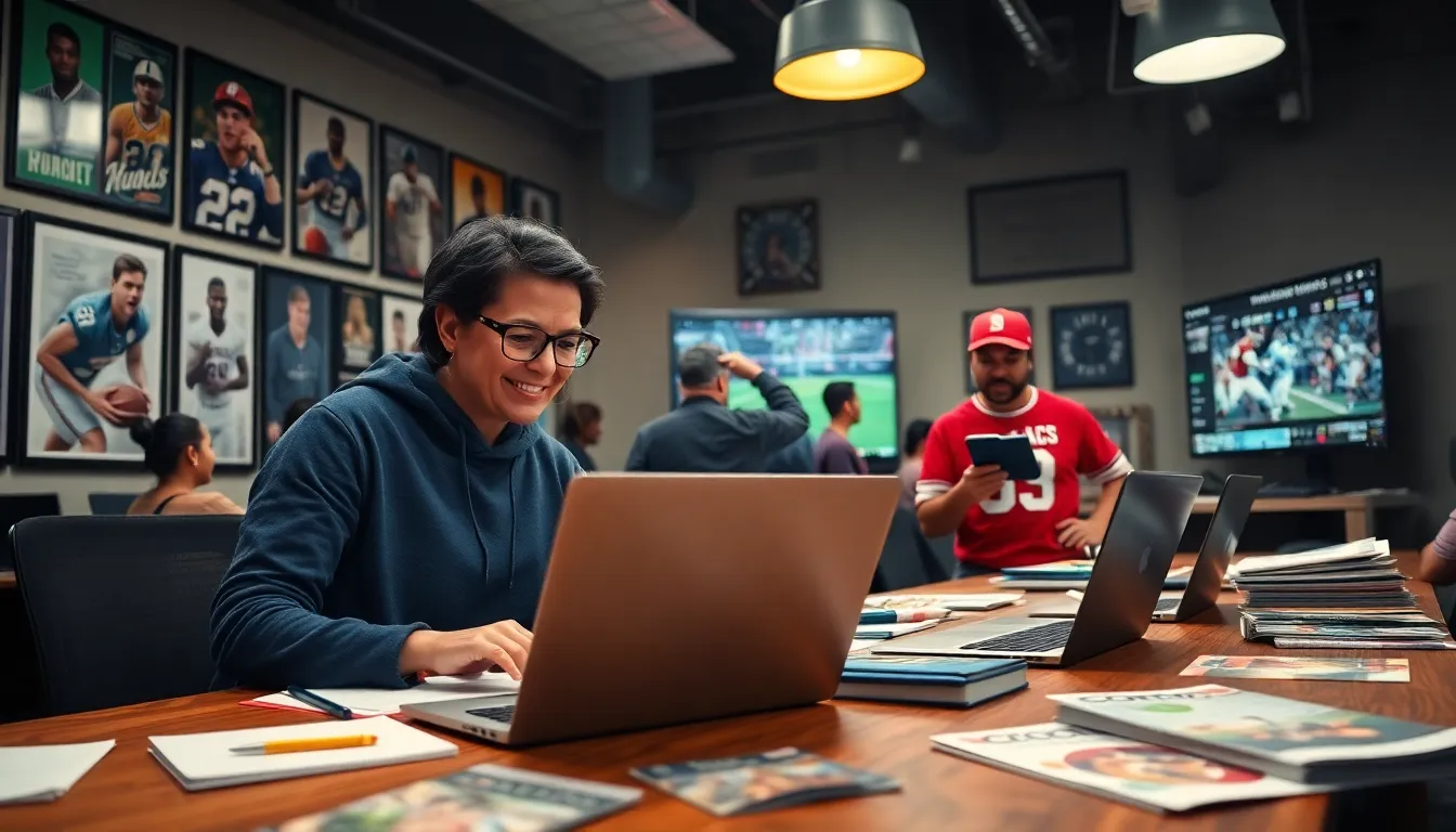 a diverse group of sports journalists discussing in a lively newsroom.