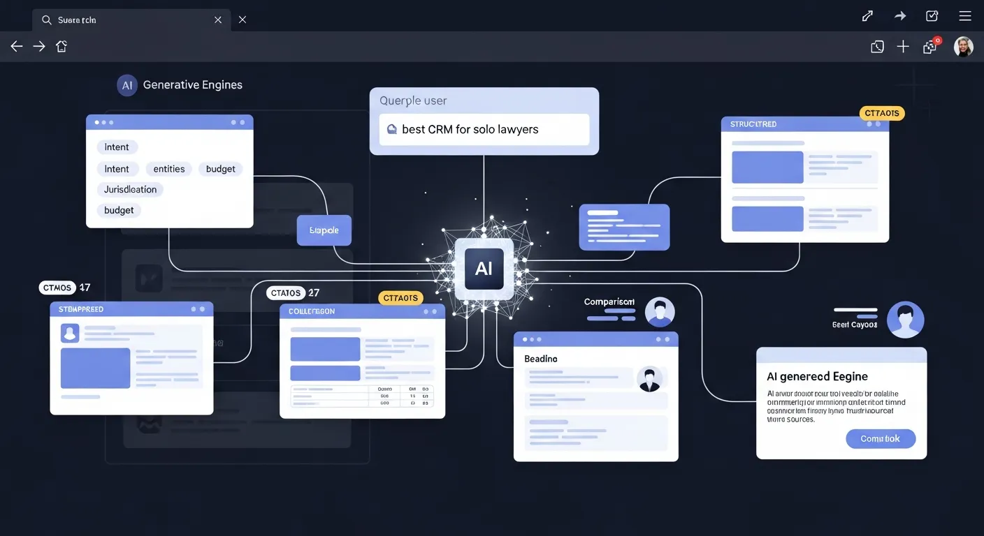 Diagram of an AI engine turning structured web content into a synthesized answer.