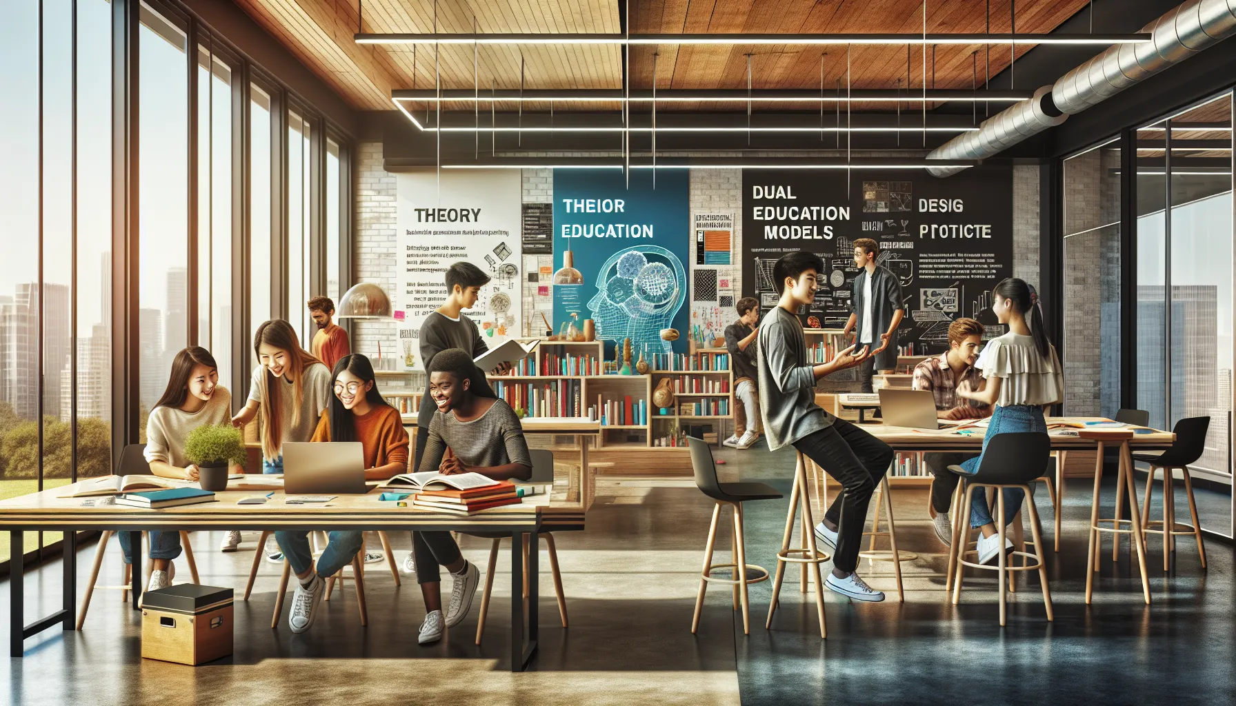 diverse students collaborating in a modern classroom.