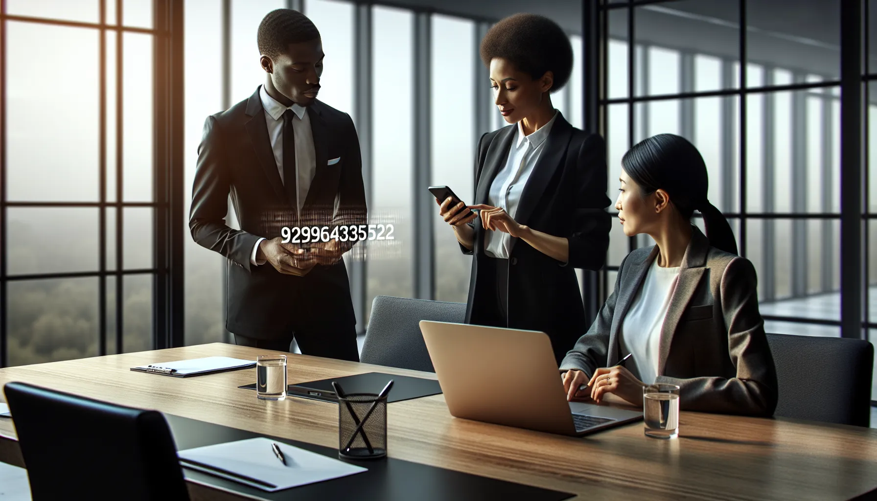 professionals discussing the significance of a phone number in an office.