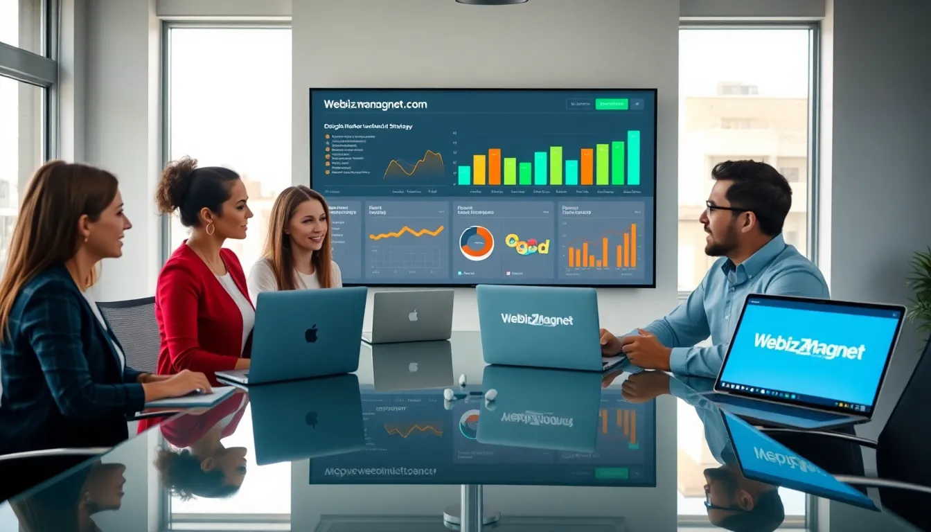 diverse professionals discussing digital marketing strategies in a modern office.