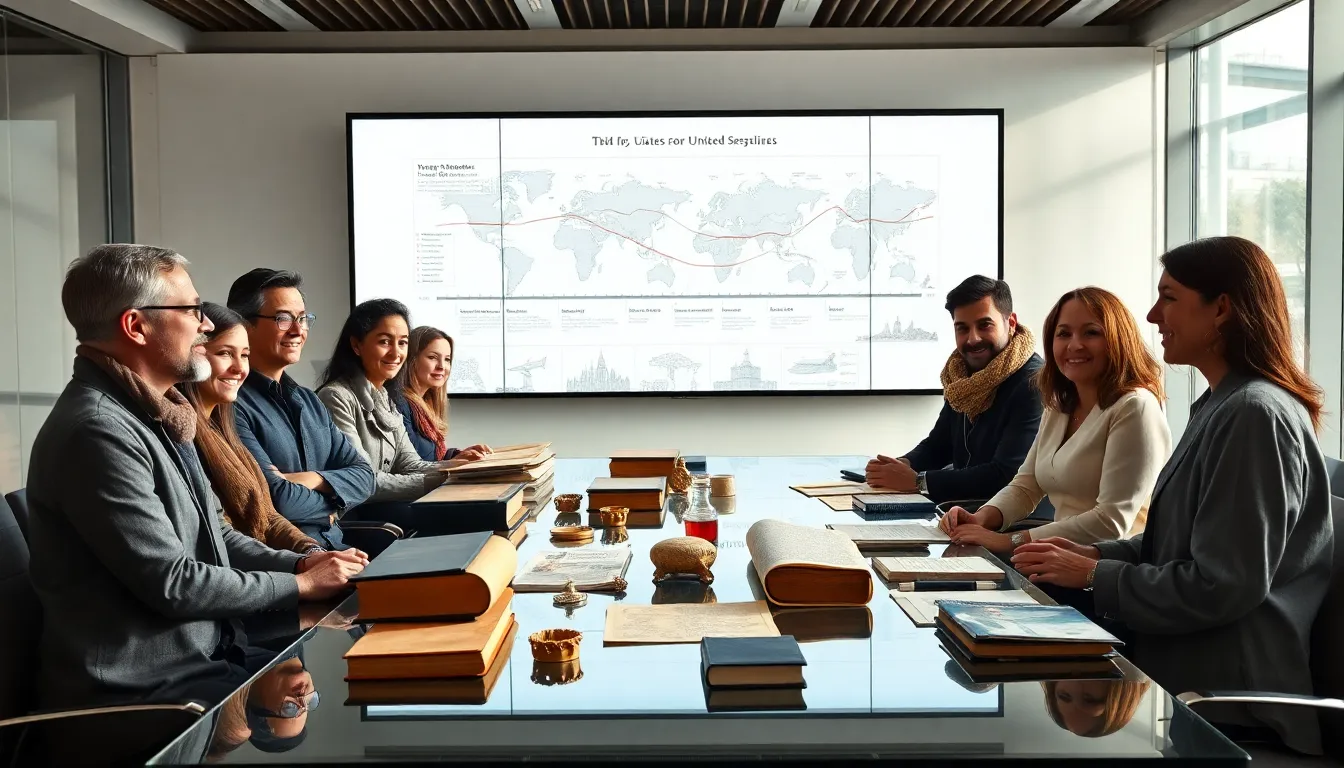 diverse historians discussing Sğsrıluı in a modern conference room.