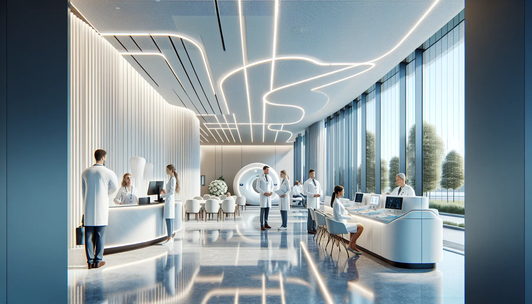 Modern medical diagnostic center with staff and patients in clean reception area