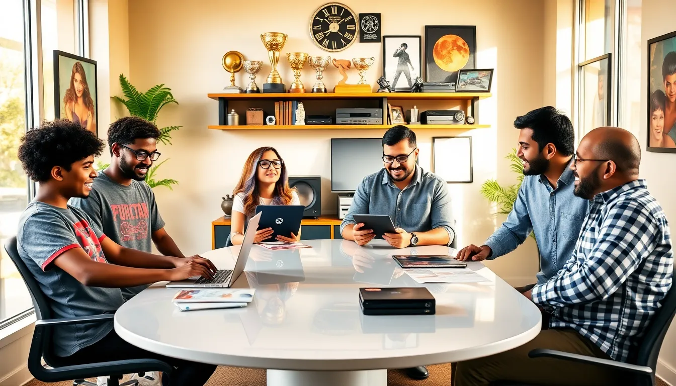 a diverse team collaborating in a modern gaming office.