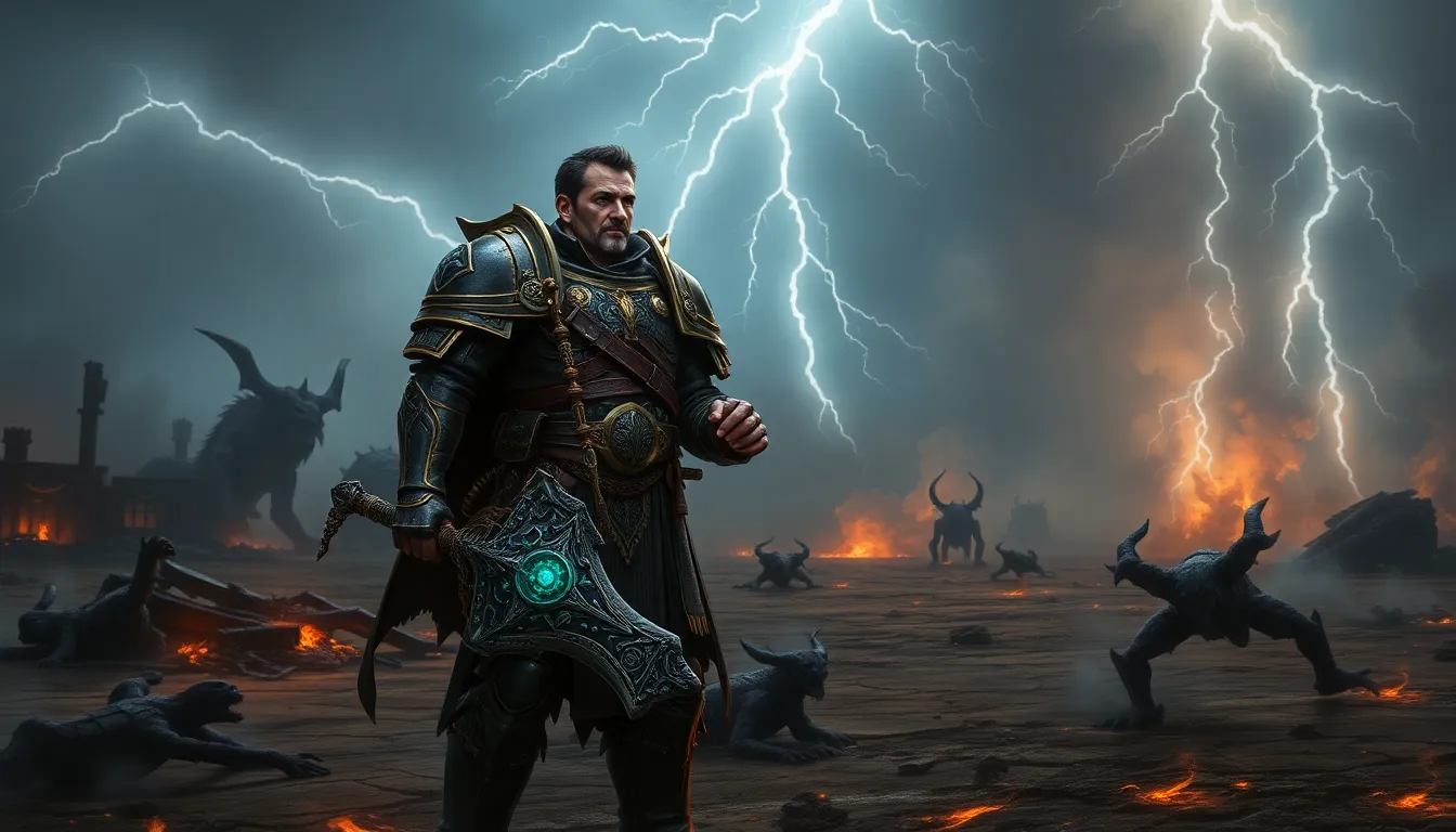 A Gate Daemonhunter in battle-ready stance against a demonic backdrop.